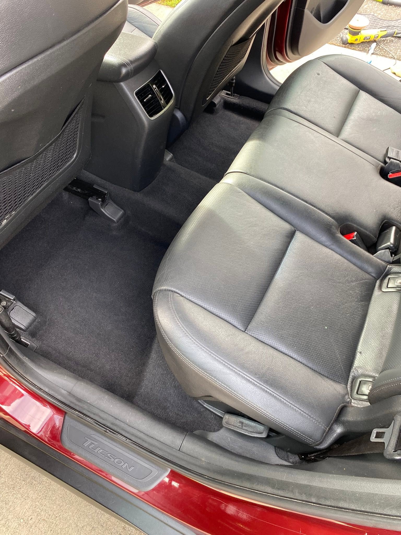 Detailed black leather seats and freshly cleaned carpet